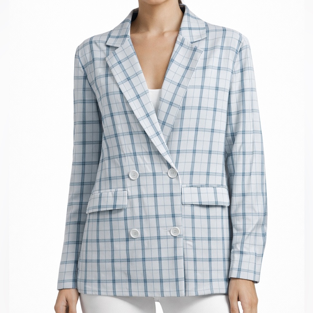 Lola May Plaid Double‎ Breasted Blazer Light Blue White Womens Size 6
